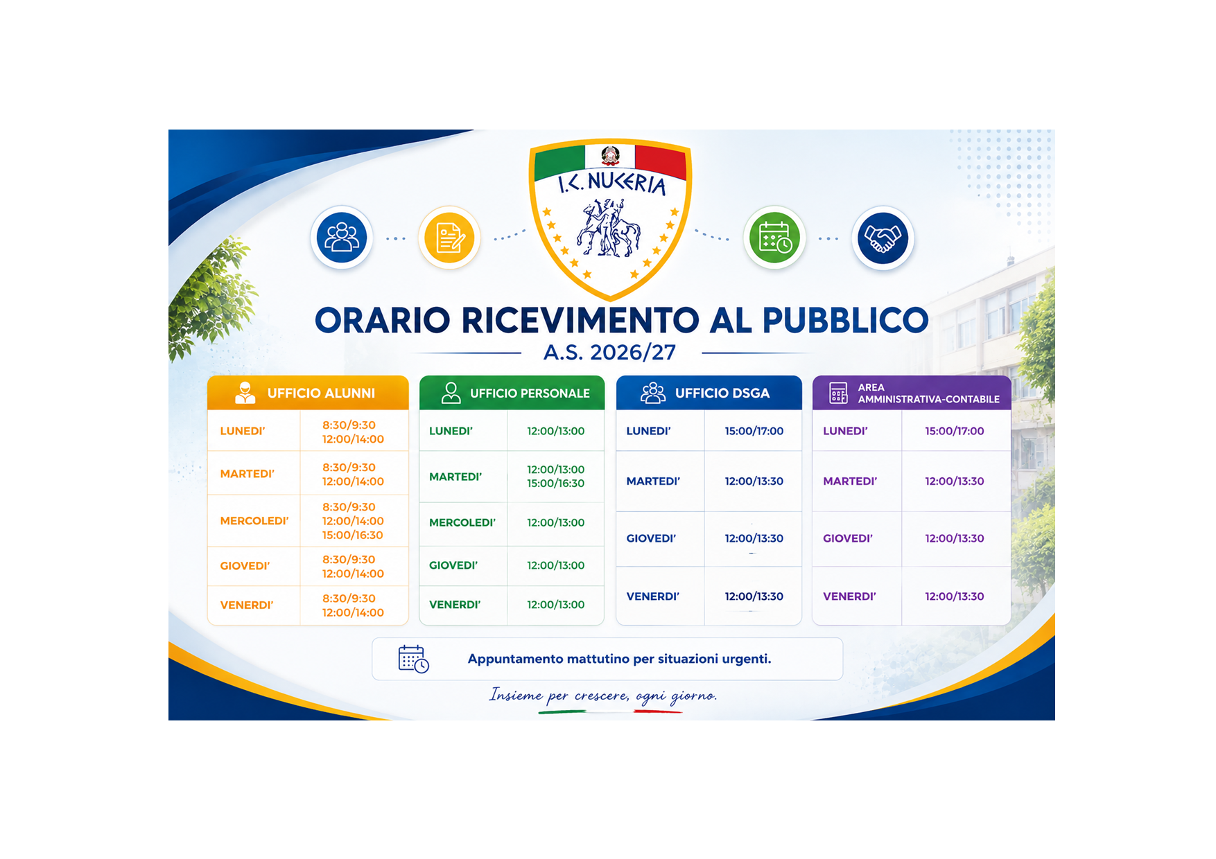 Orario di ricevimento degli Uffici di Segreteria